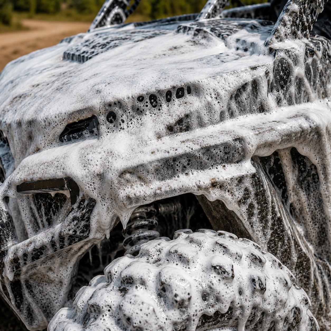 Close-up of a black off-road vehicle covered in thick white soap foam, showing the front bumper, wheel arches, and textured tire against an outdoor blurred background.