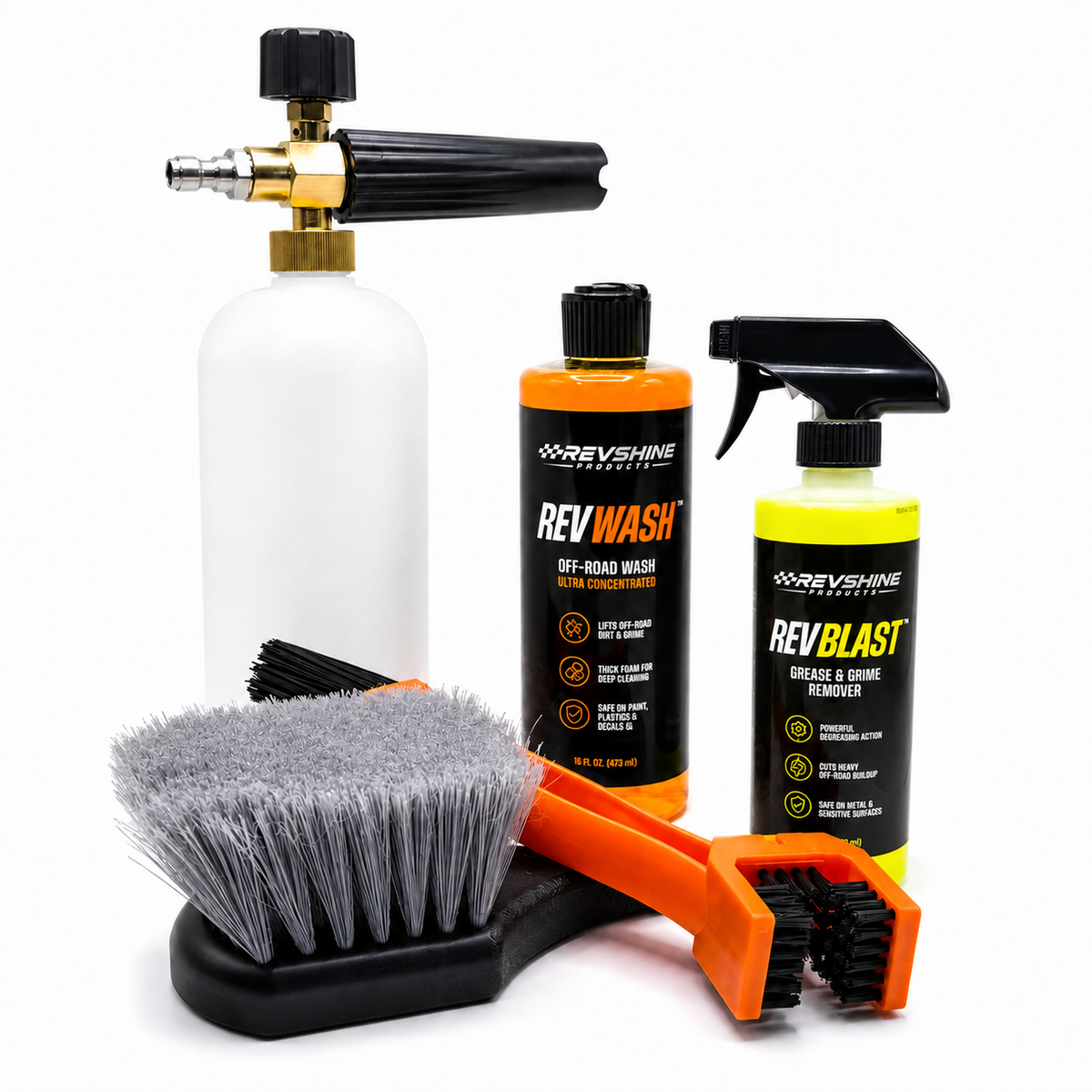 RevShine Off-Road Deep Clean Kit with bottles and brushes for thorough cleaning of off-road vehicles and gear.