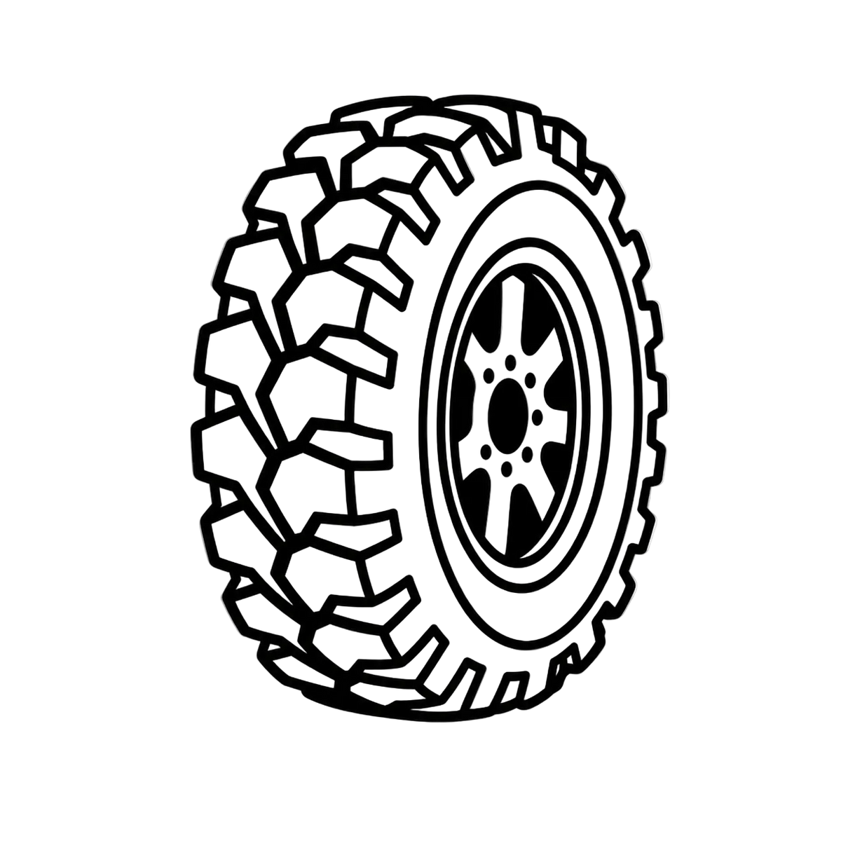 A black line-art illustration of a rugged off-road tire with a multi-spoke wheel, shown on a transparent checkerboard background.