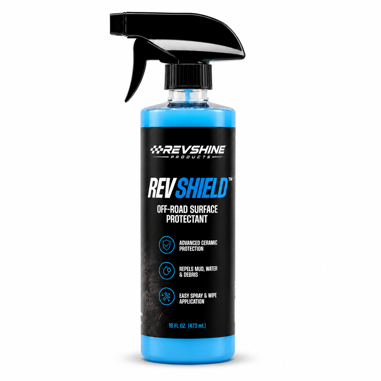 RevShield™ Off-Road Surface Protectant bottle showing label and spray nozzle, designed to shield surfaces from dirt and damage.