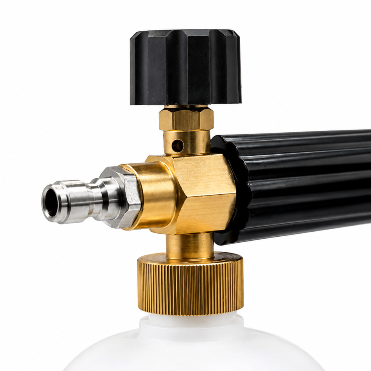 RevShine adjustable foam cannon attached to a car hose, showcasing its durable design and wide spray nozzle for car cleaning.