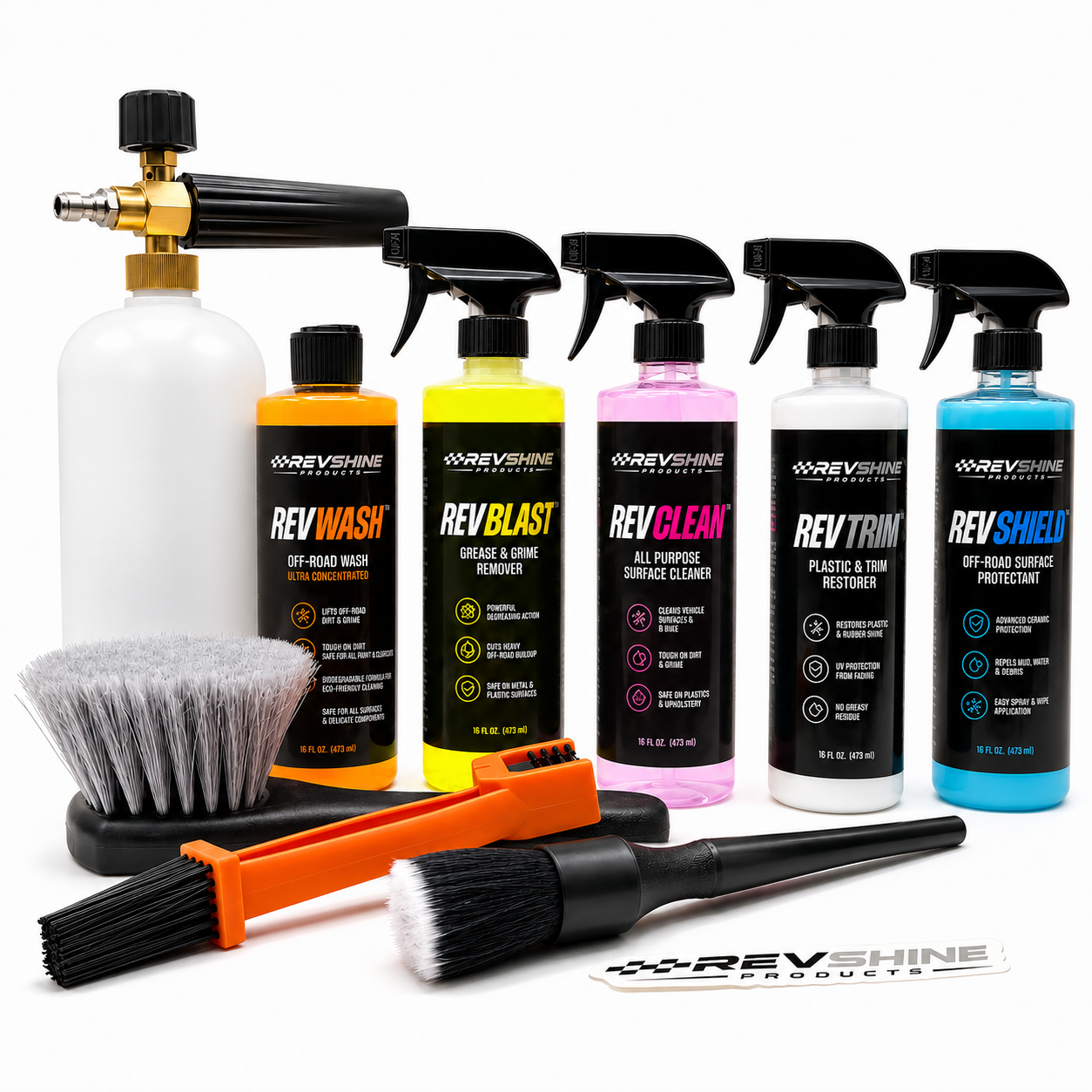 RevShine Ultimate Off-Road Care Kit with cleaning tools, sprays, and accessories for vehicle maintenance and protection.