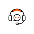 A minimalist vector icon of a headset with a speech bubble and three orange dots, centered on a plain white background.