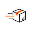 A minimalist line icon of a white cardboard box with black outlines and orange accents, including an orange shipping tape strip and a stylized 'FE' mark on the side, set against a plain white background.