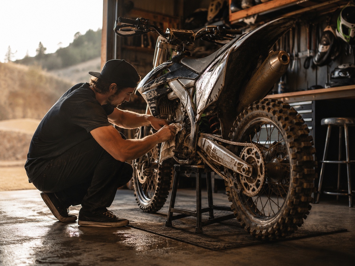 A man in a black t-shirt and cap crouches beside a black dirt bike on a stand inside a garage workshop.