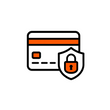 A minimalist vector icon showing a credit card with a shield and padlock, indicating secure payment or protection, in black and orange on a white background.