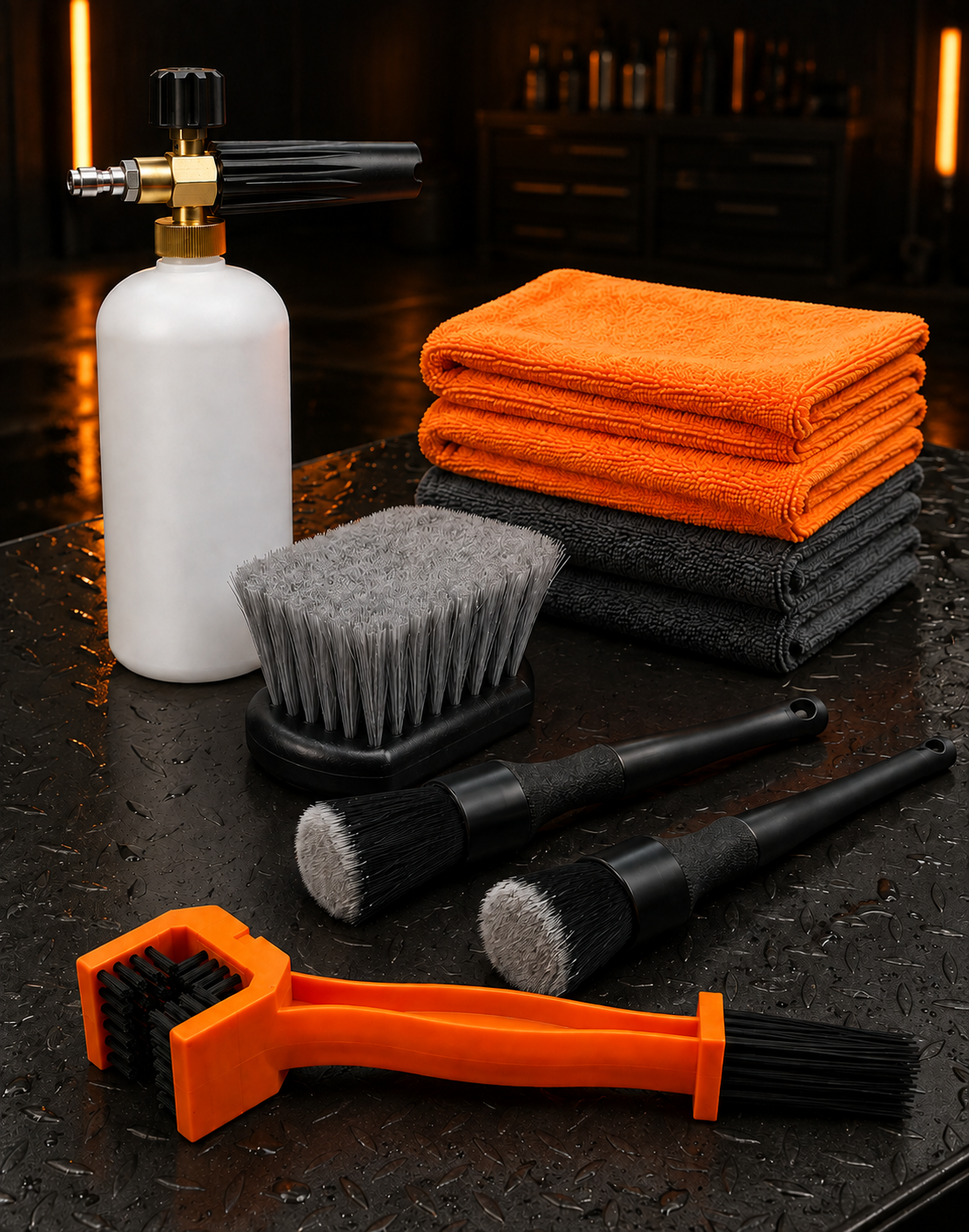 RevShine off-road cleaning accessories displayed in a premium workshop, including a foam cannon, wash brush, chain brush, detailing brushes, and orange and charcoal microfiber towels.