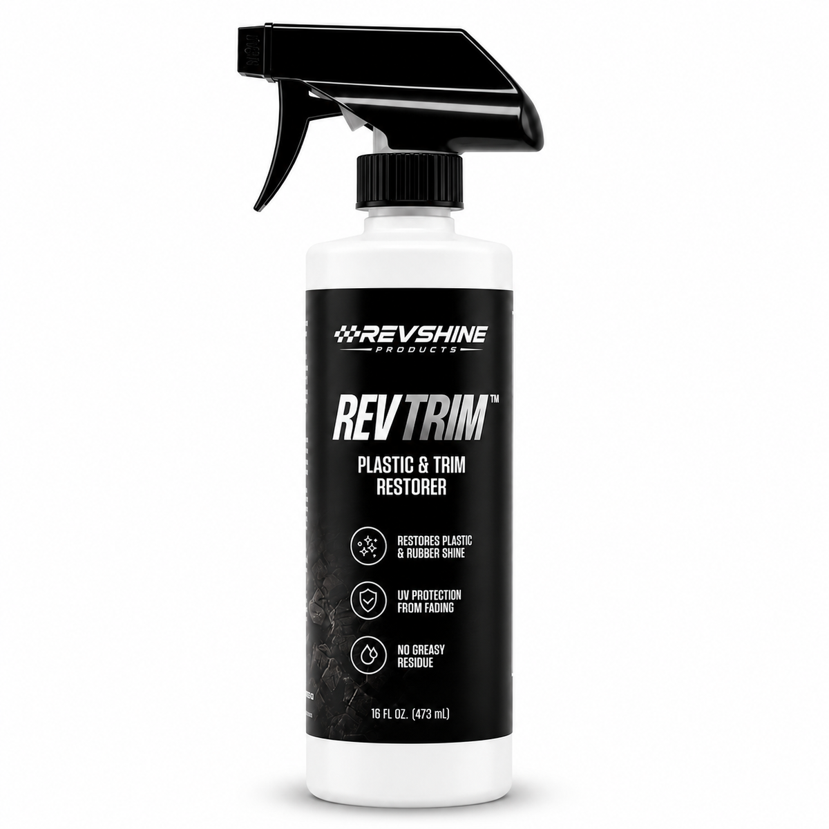 RevTrim plastic and trim restorer bottle showing product label with a clean, glossy plastic and trim surface in the background.