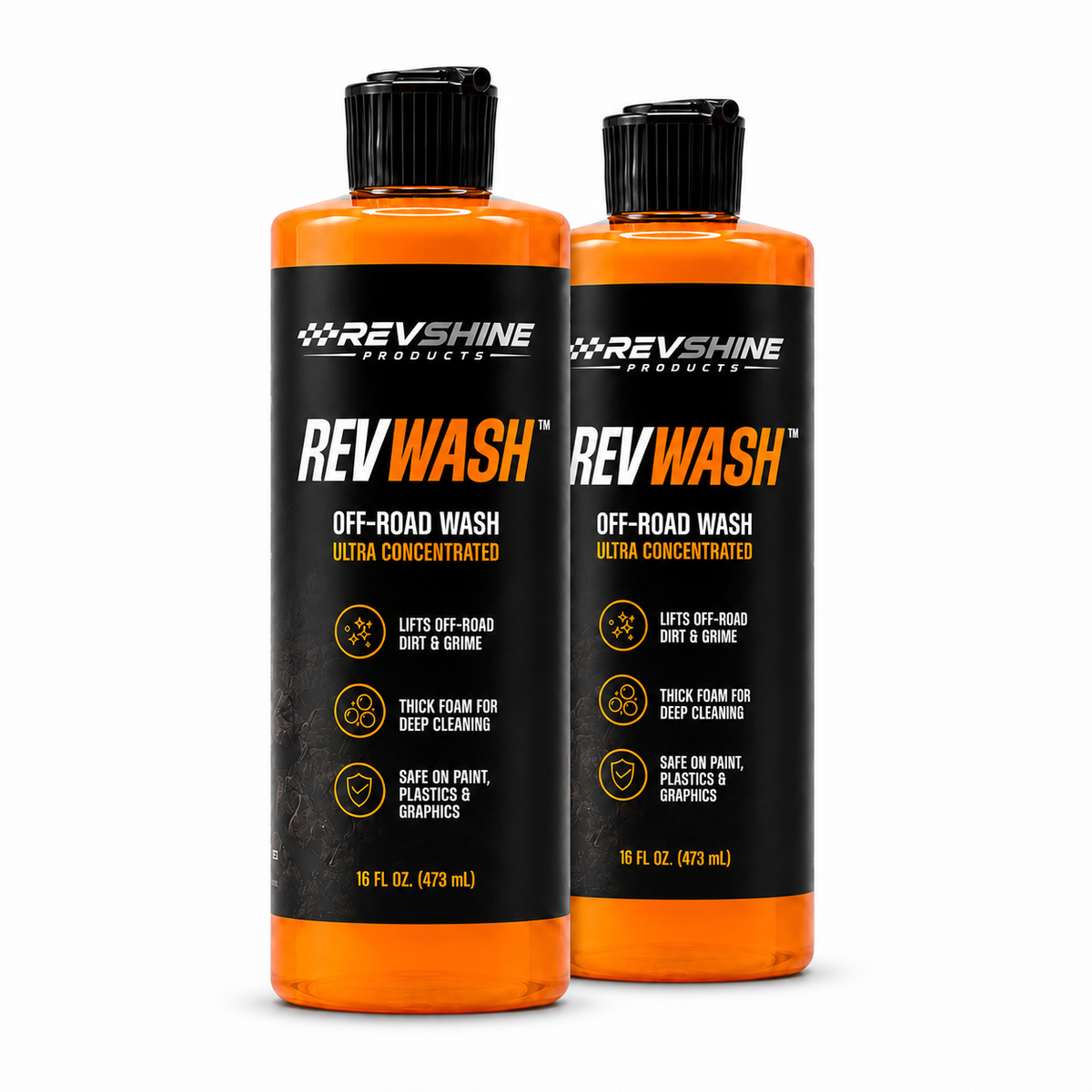 Two bottles of RevShine Products RevWash Off-Road Wash Ultra Concentrated, shown on a plain white background.