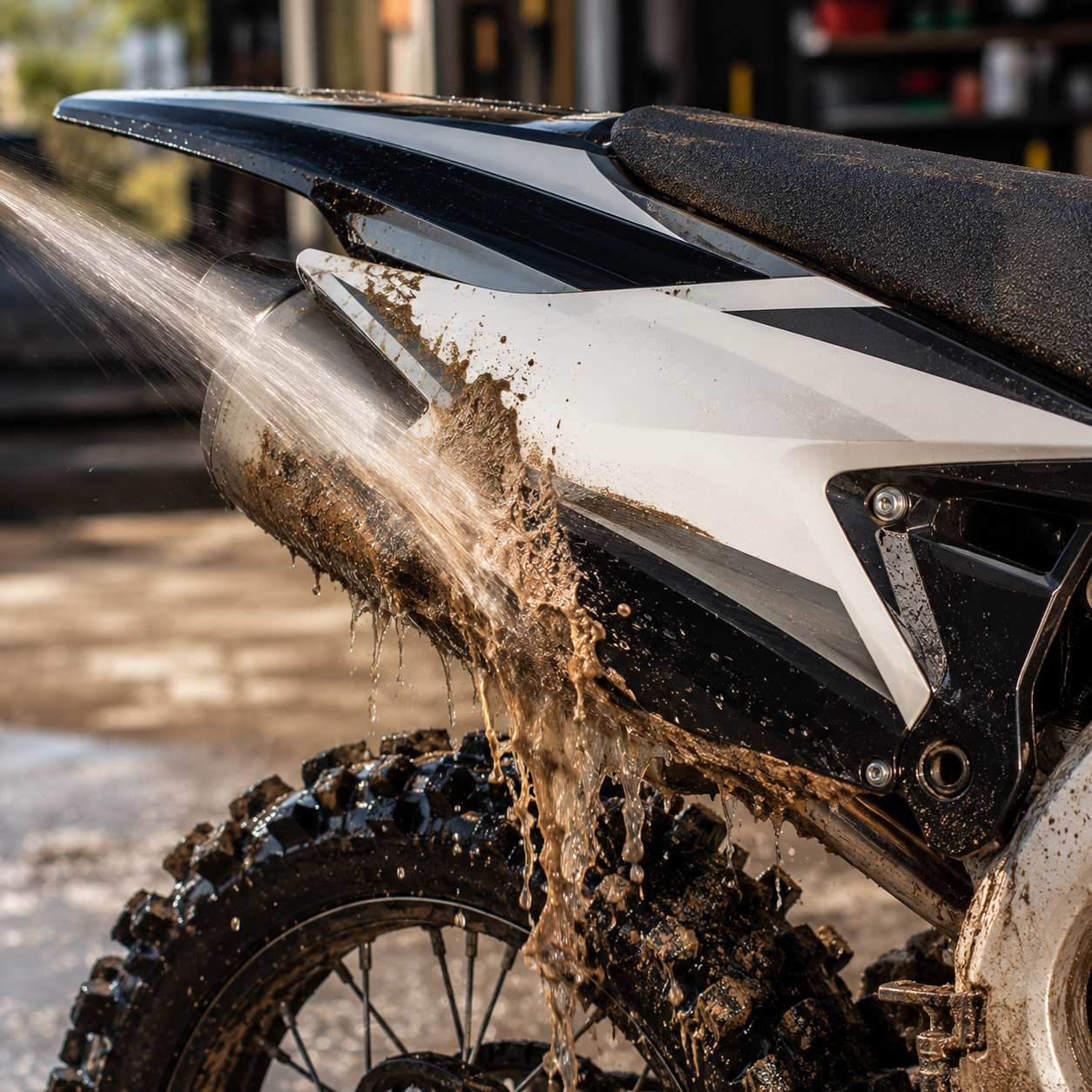 Close-up of a white and black off-road motorcycle or dirt bike body panel with muddy water spraying from the exhaust, with a knobby tire and wet ground in the background.