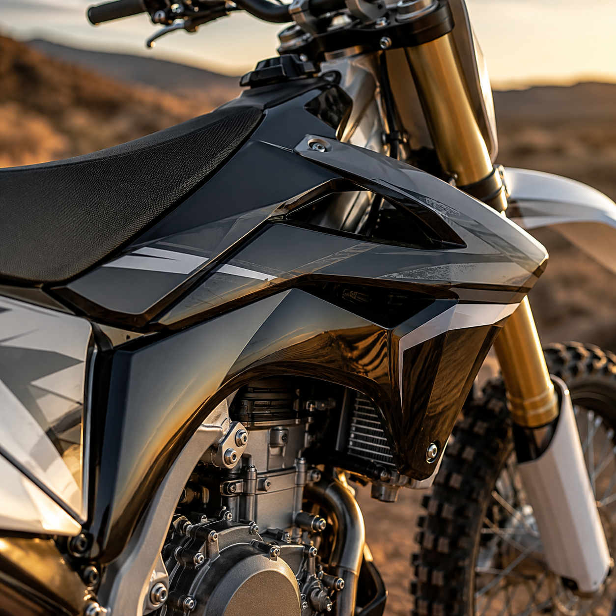 Close-up of a black and silver dirt bike with gold front fork, photographed outdoors in a desert landscape at sunset.