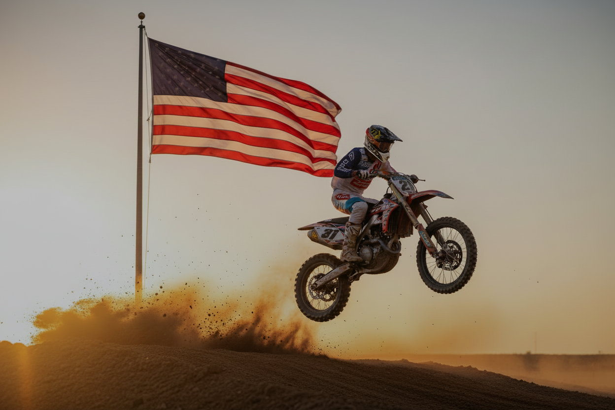 A motocross rider jumps a dirt bike mid-air over a dusty track, with a large American flag waving on a pole in the background against a warm golden sky.