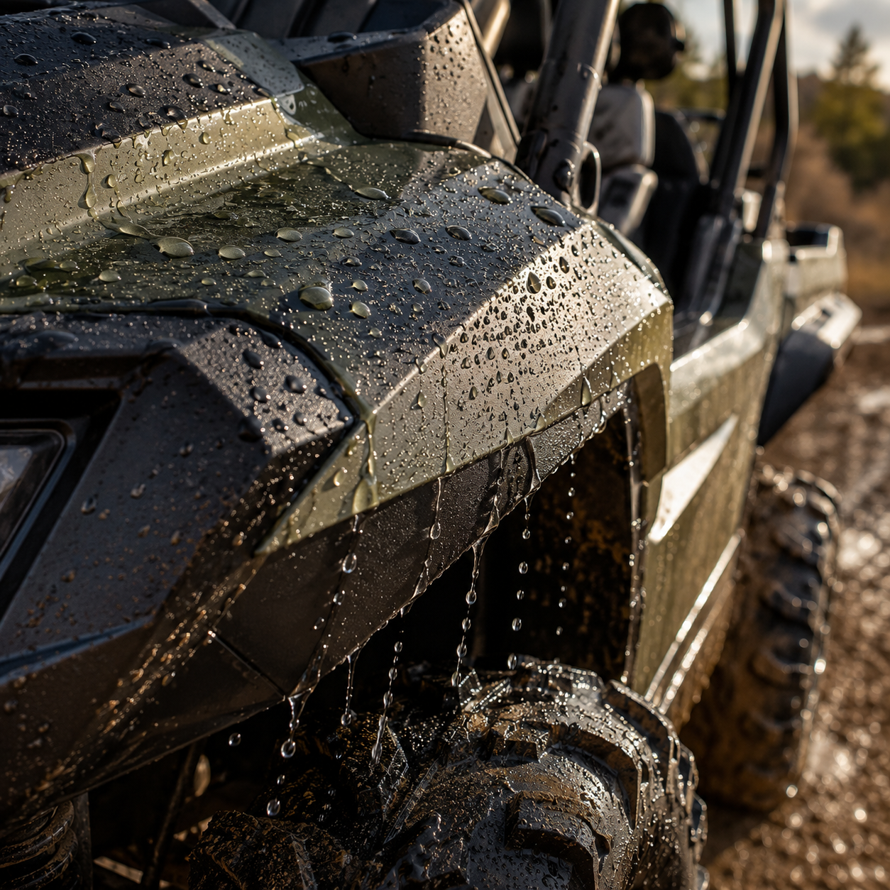 Close-up of the front corner and tire of an off-road utility vehicle covered in water droplets, with mud on the tire and a blurred outdoor background.