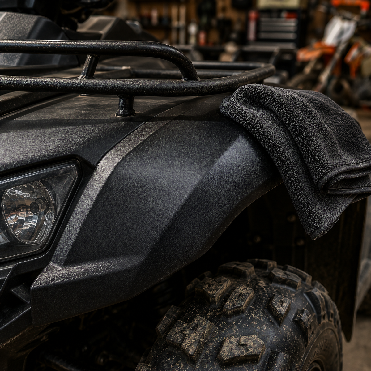 A close-up of a black ATV fender with a dark gray microfiber towel draped over the front right side, set in a workshop environment.