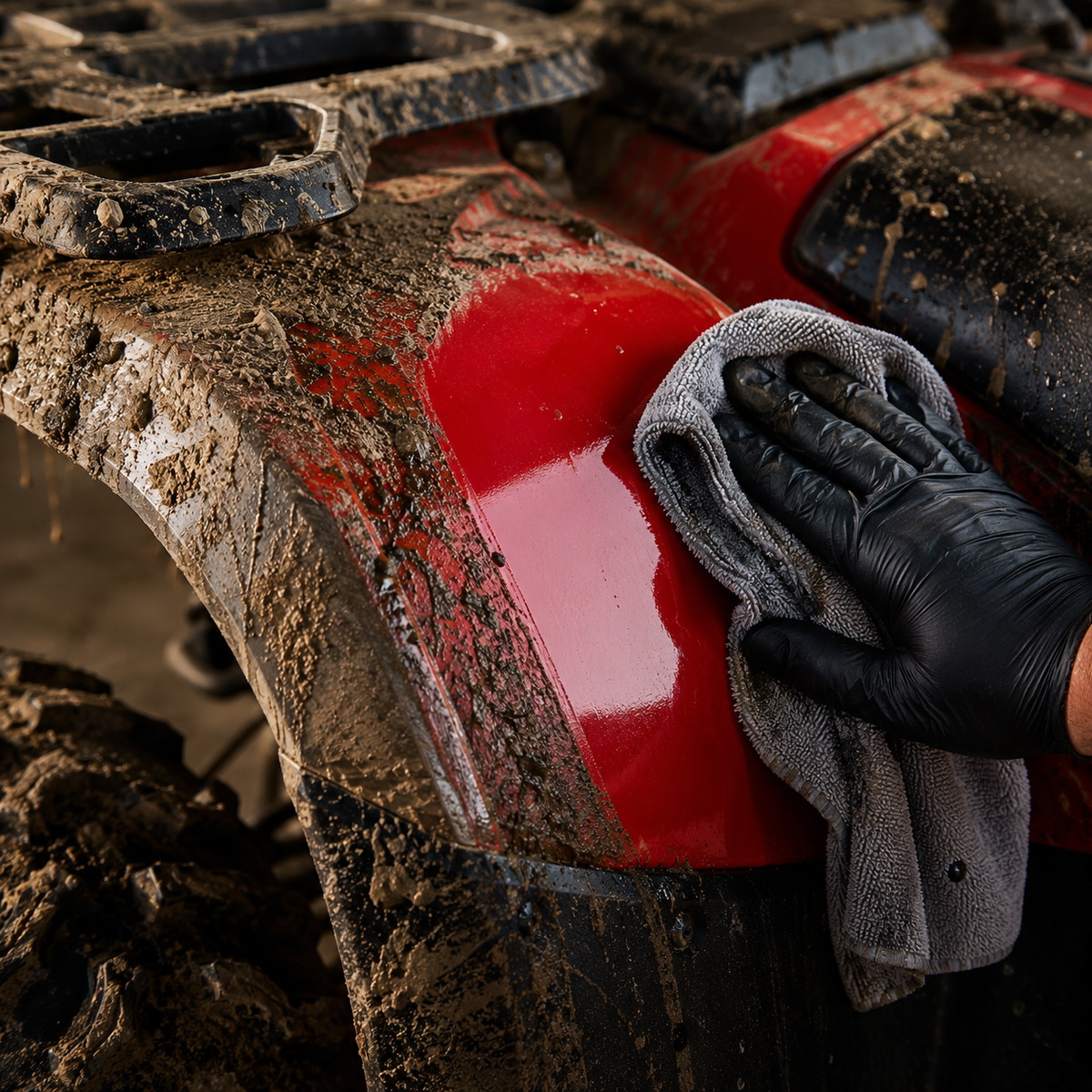 A close-up of a person wearing a black glove and holding a gray microfiber cloth, wiping a glossy red ATV fender that is covered in mud.