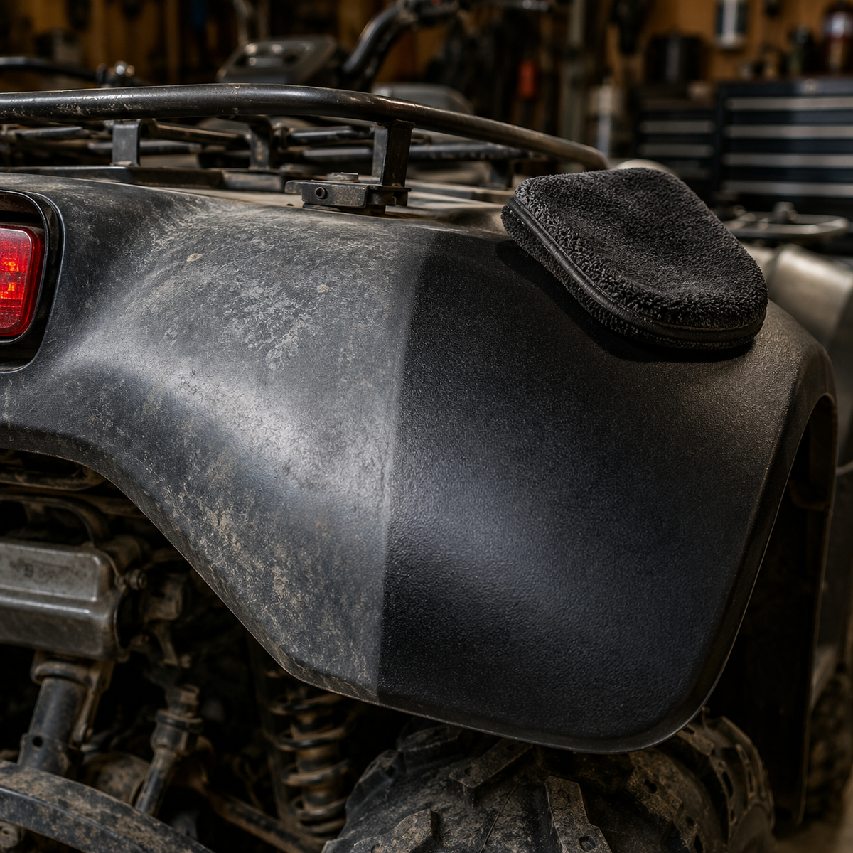 A close-up of a black ATV fender with a textured black protective pad attached to the top, set in a workshop environment.