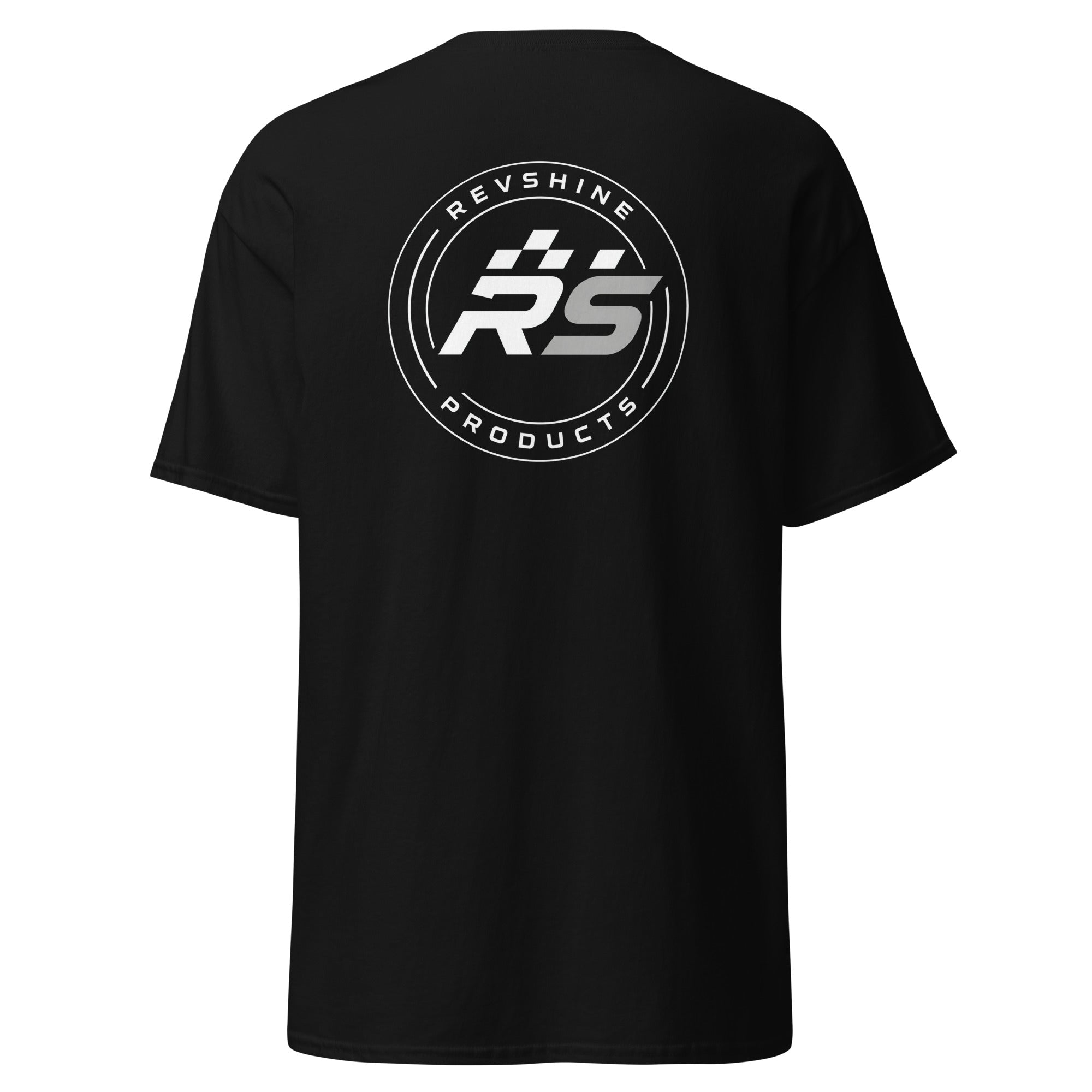 Black RevShine Logo T-Shirt, unisex classic fit with logo on the back, made by RevShine Products.