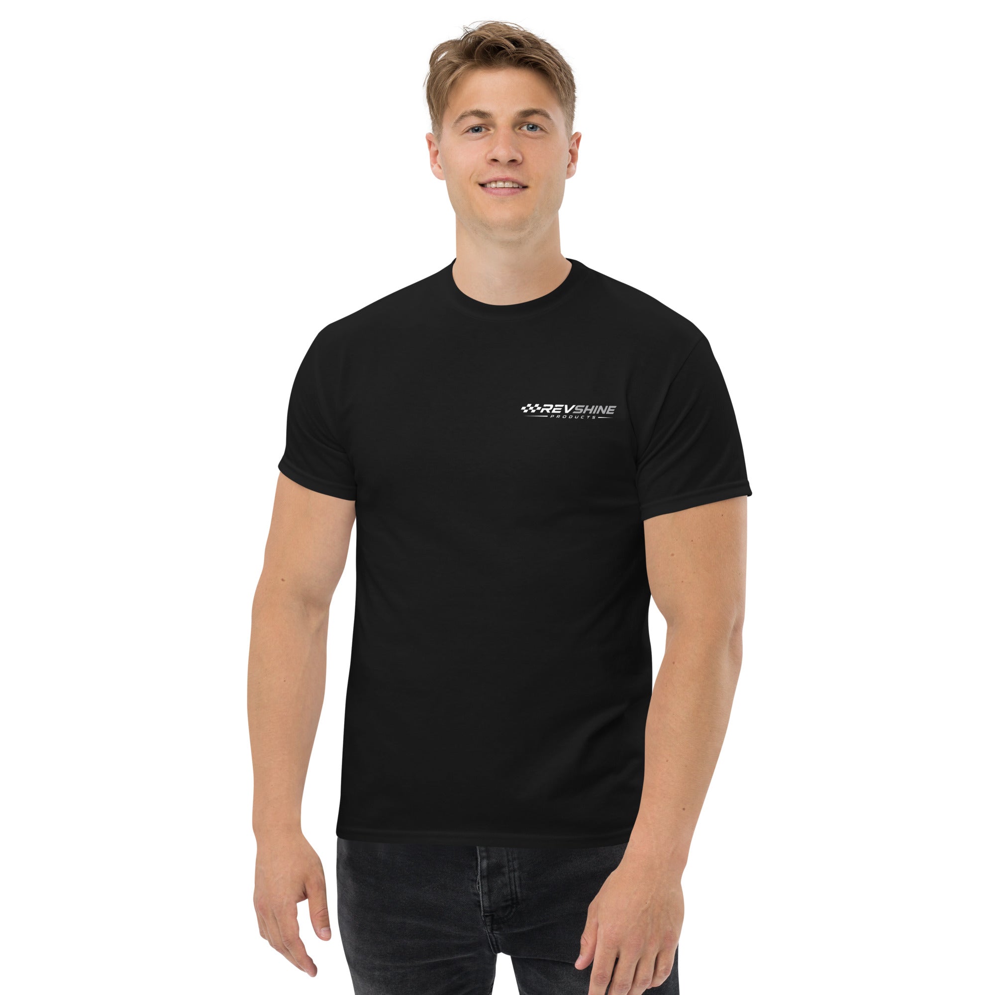 Black RevShine Logo T-Shirt, unisex classic fit with front logo design, casual apparel by RevShine Products.