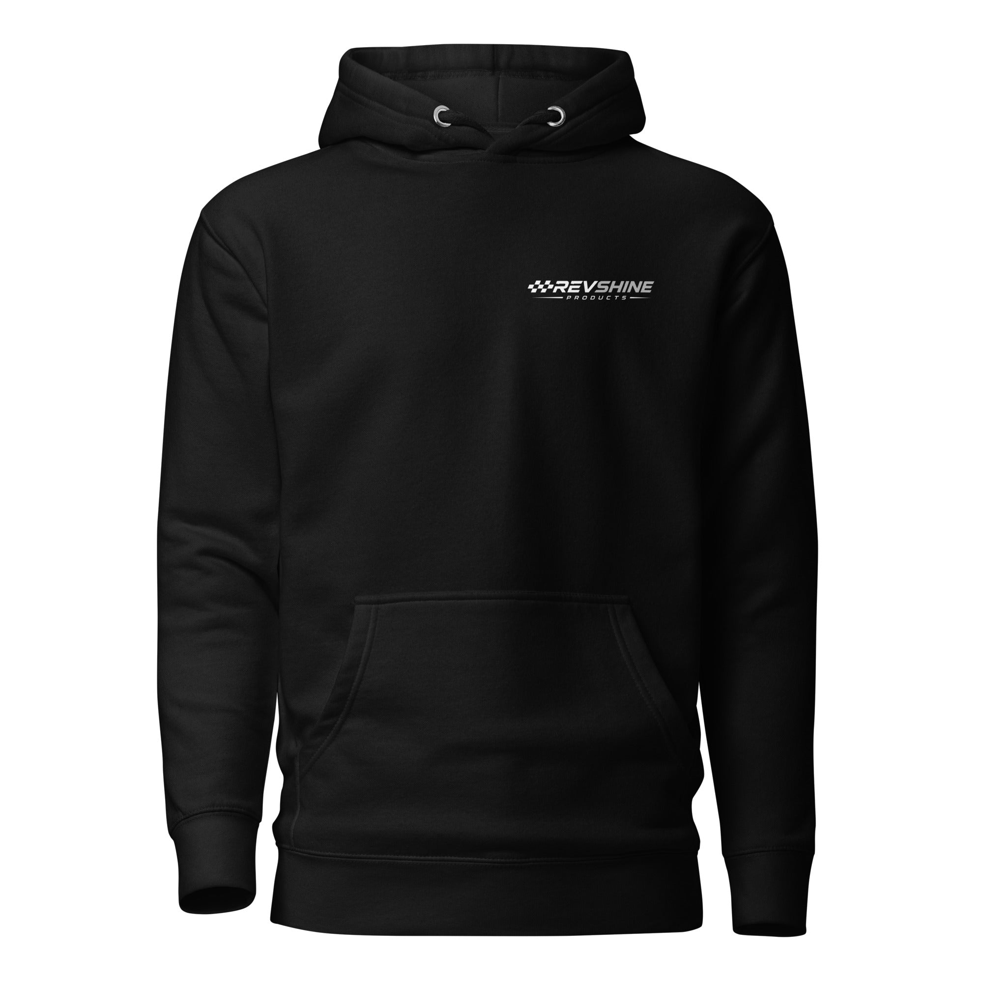 Black RevShine Products unisex pullover hoodie with front design, made of soft, premium fabric for comfort and style.
