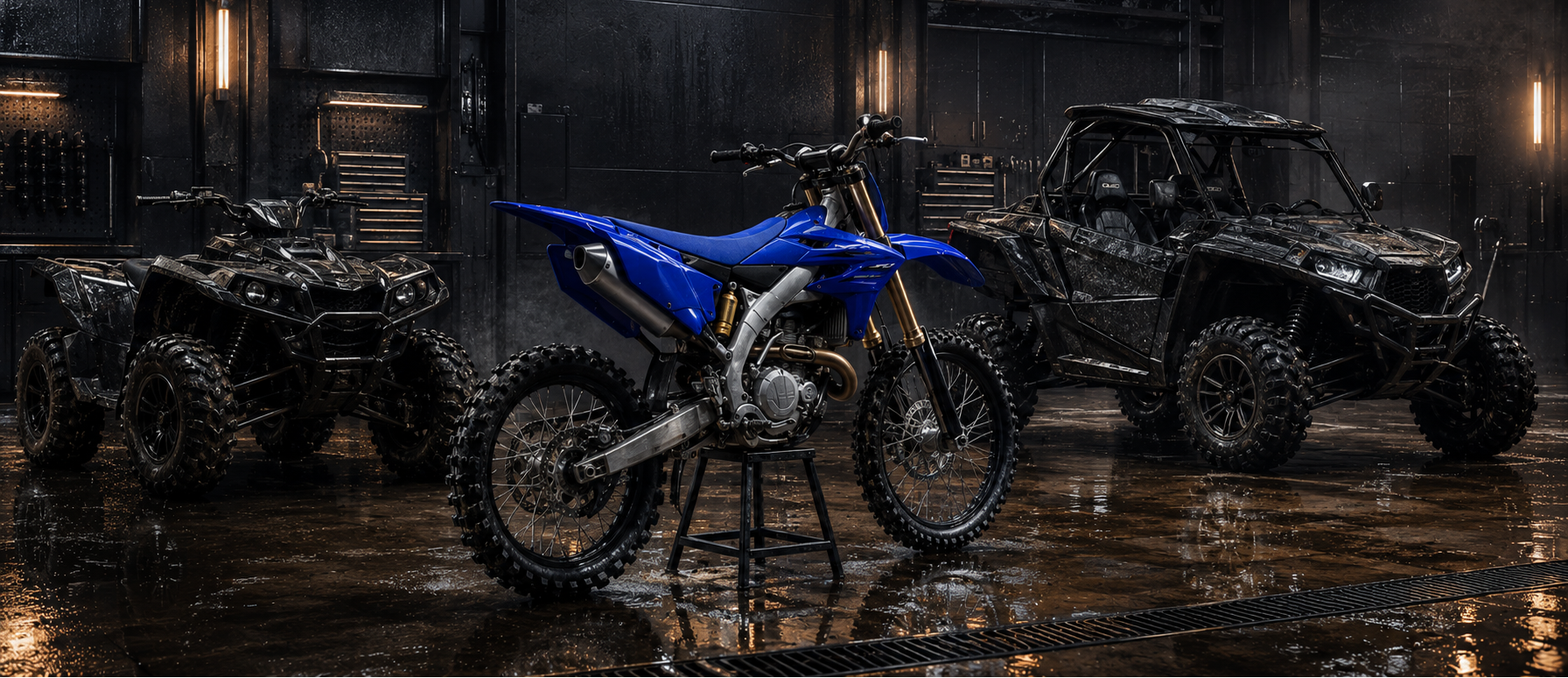 Freshly cleaned blue dirt bike displayed between a rugged ATV and side-by-side in a premium industrial off-road wash bay.

