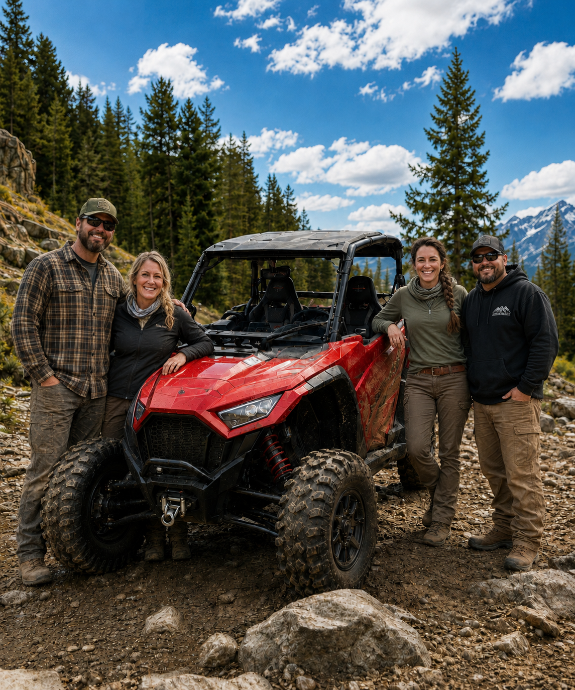 Group of four people standing by a SxS in the mountains smiling. Mountains in the background. 