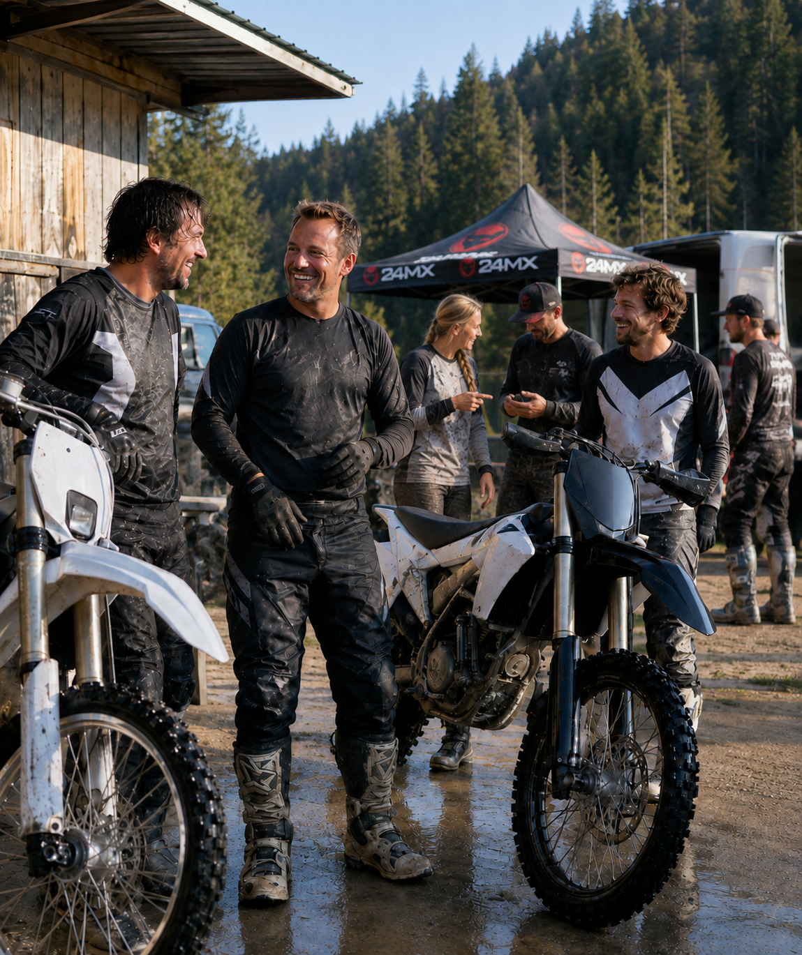 A group of motocross riders and crew members gathered outdoors near two dirt bikes in a muddy outdoor setting, with a 24MX tent and forested hills in the background.