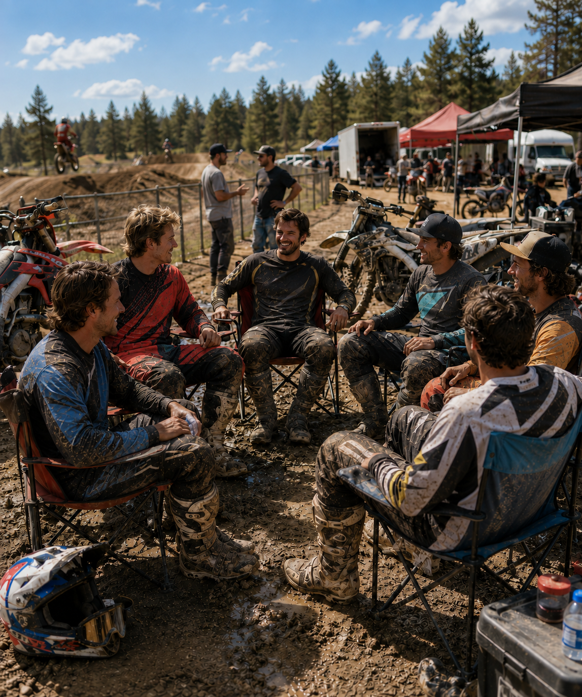 A group of muddy motocross riders sitting in folding chairs and talking on a dirt track, with motorcycles, tents, and trees in the background.