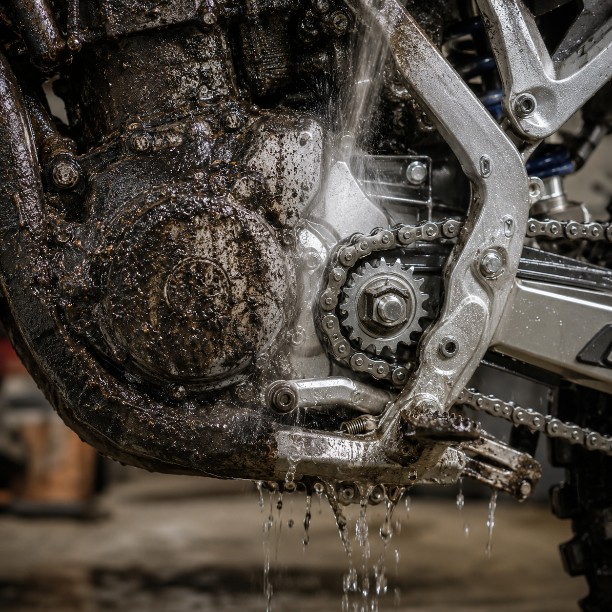 Close-up of a wet motorcycle engine and chain drive area with water dripping from silver metal components and dark muddy surfaces.
