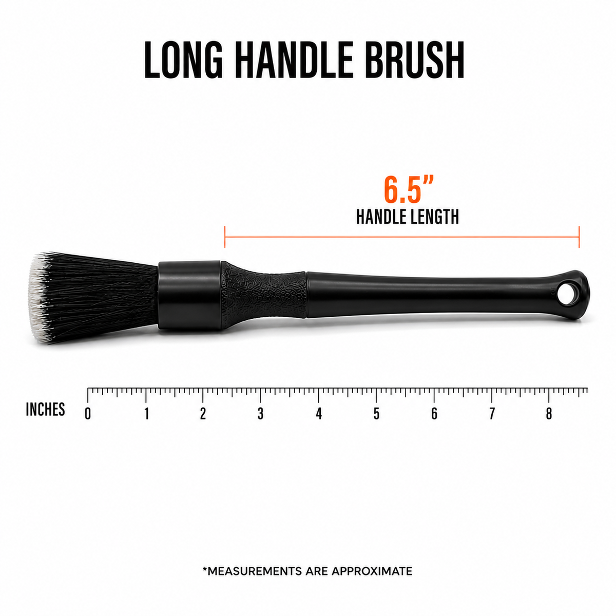 Long RevShine Products detailing brush with durable bristles for precise cleaning of car interiors and tight spaces.