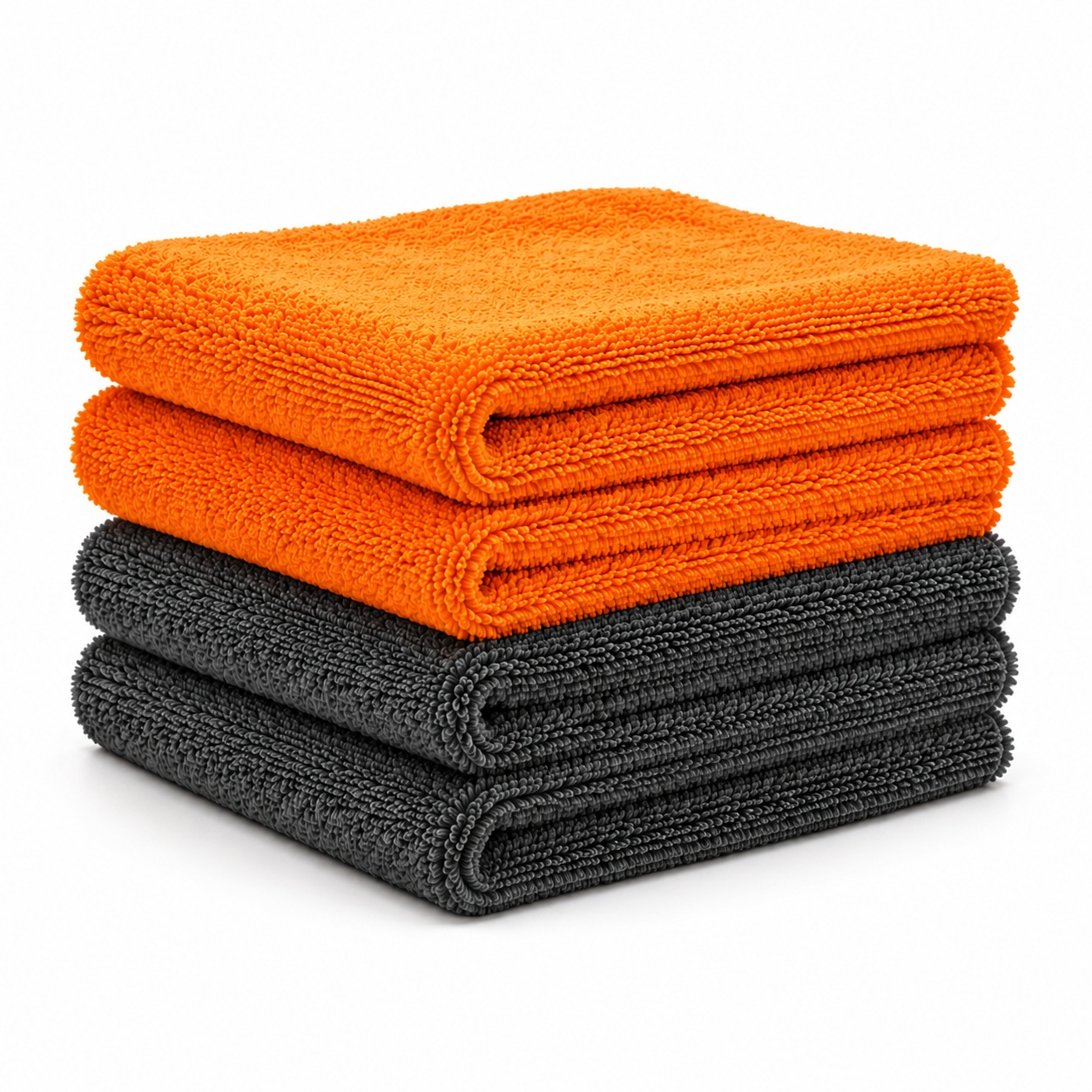 Set of four RevShine Premium Microfiber Towels, soft and highly absorbent, ideal for cleaning and detailing surfaces.