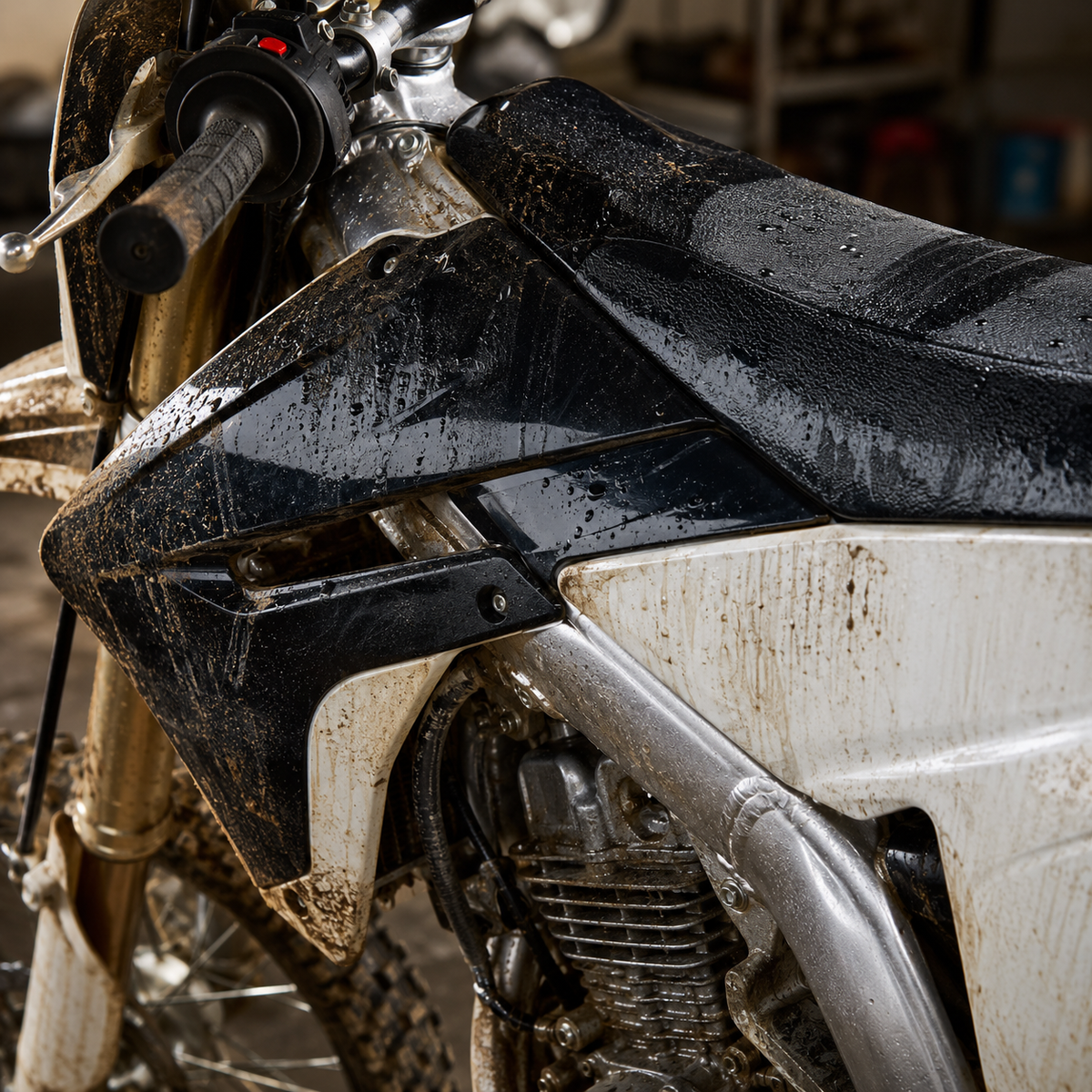 Close-up of a dirt bike or off-road motorcycle showing the black seat, black plastic body panels, white side panel, silver engine components, and muddy front fork in a workshop setting.