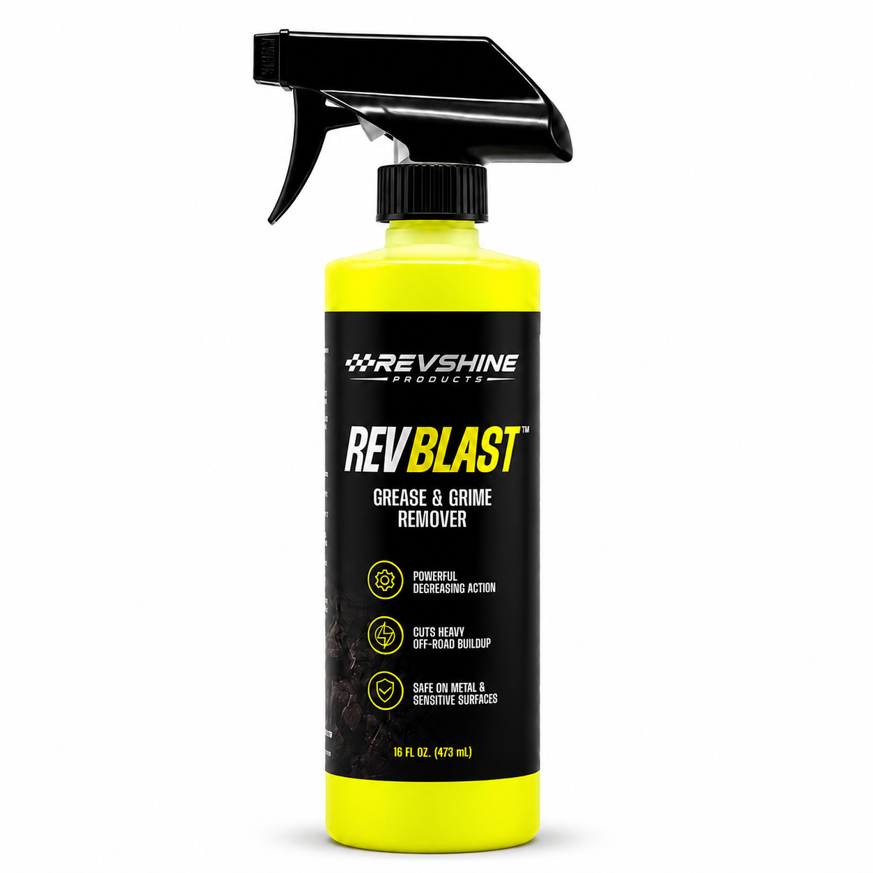 RevBlast™ off-road degreaser by RevShine Products, showcasing a spray bottle of grease and grime remover.