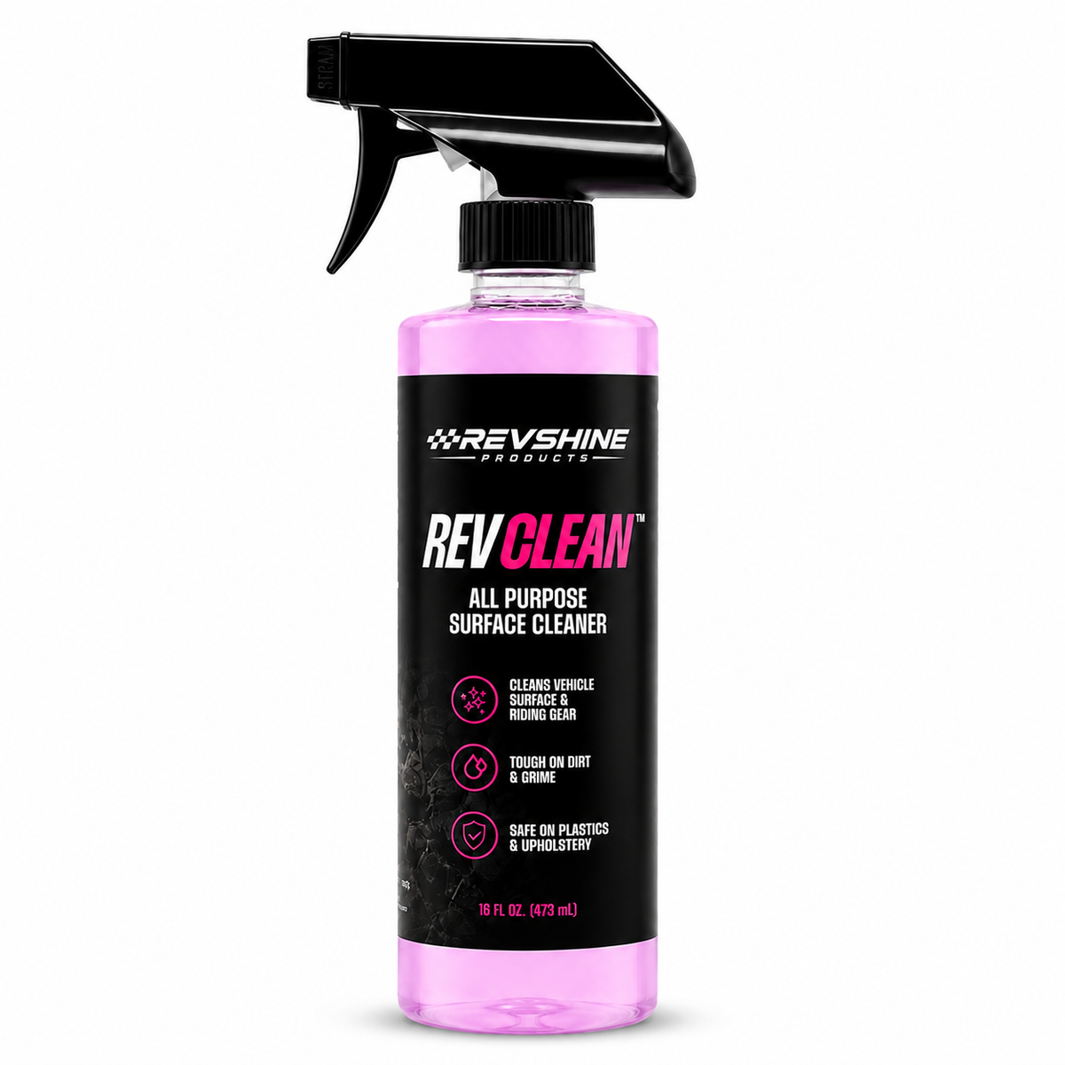 RevClean™ All Purpose Surface Cleaner by RevShine Products, showing a spray bottle with a clear liquid cleaner on a countertop.