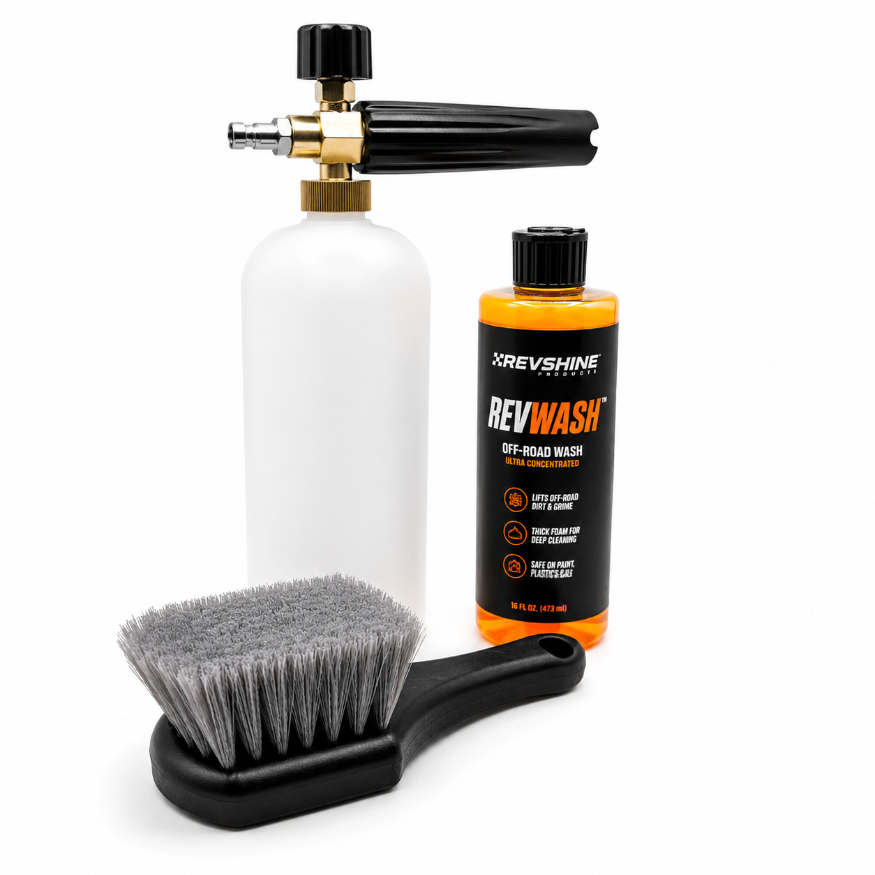 RevShine Off-Road Wash Starter Kit with cleaning tools and bottles, designed for off-road vehicle cleaning and maintenance.