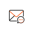 A minimalist vector icon of a black-outlined envelope with an orange V-shaped accent, next to a black-outlined speech bubble with orange dots, on a solid white background.