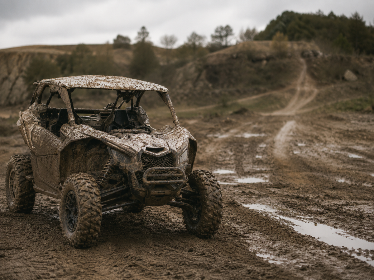 A muddy off-road utility vehicle with a roll cage and large knobby tires, photographed on a muddy dirt track in an outdoor landscape under an overcast sky.