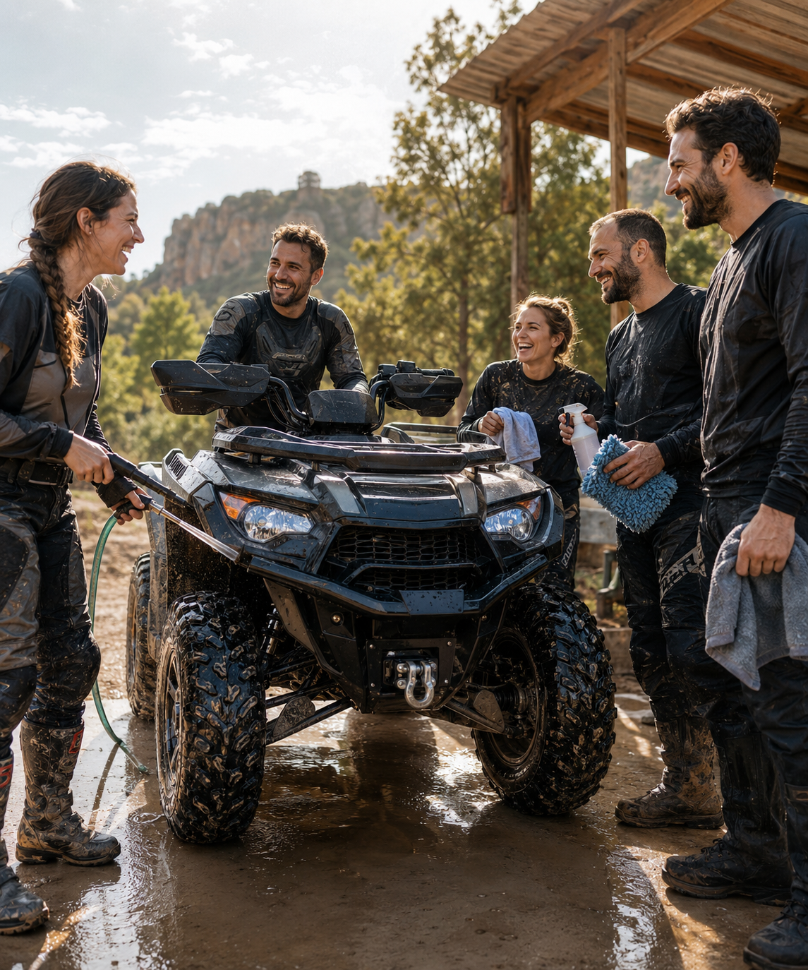 Four people in black outdoor gear gather around a black all-terrain vehicle (ATV) on a muddy surface under a wooden shelter, with a rocky desert landscape in the background.