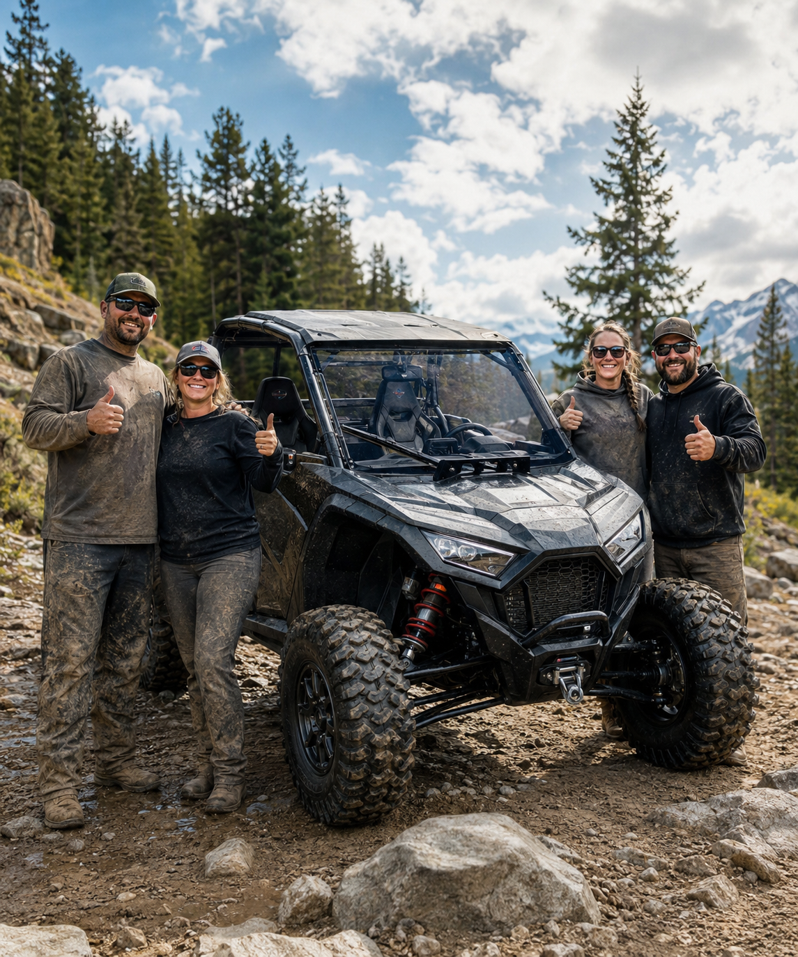Four people standing outdoors on a rocky mountain trail next to a black Polaris off-road vehicle, with trees and mountains in the background.