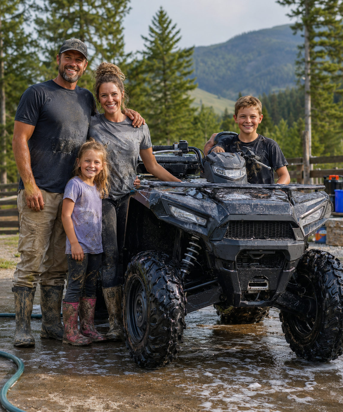 A family of four stands proudly next to a black all-terrain vehicle (ATV) in a muddy outdoor setting with pine trees and mountains in the background. The adults and children are covered in mud, and the ATV is also splattered with mud, indicating an active outdoor adventure.