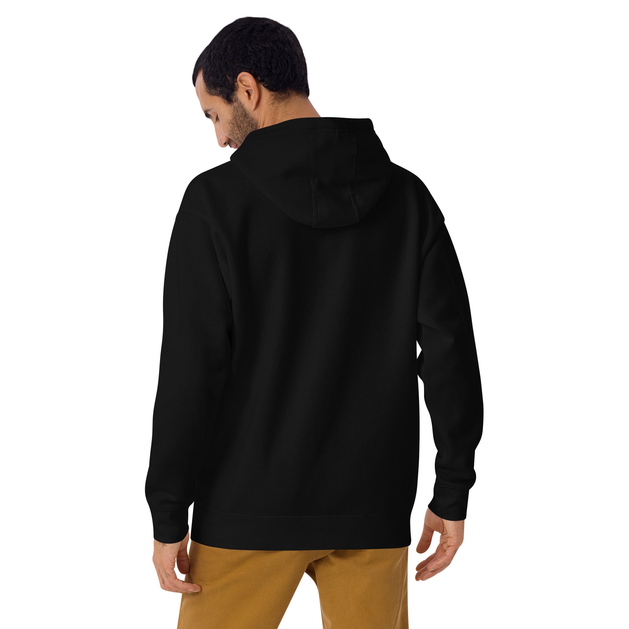 Rear view of RevShine Premium Pullover Hoodie showing the hoodie’s fit and design in a natural, casual style.