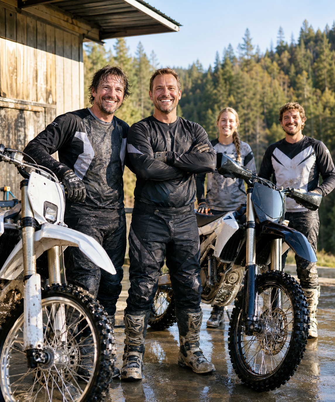 Four people in matching black and gray motocross outfits stand with three dirt bikes outdoors in front of a wooden building and forest background.