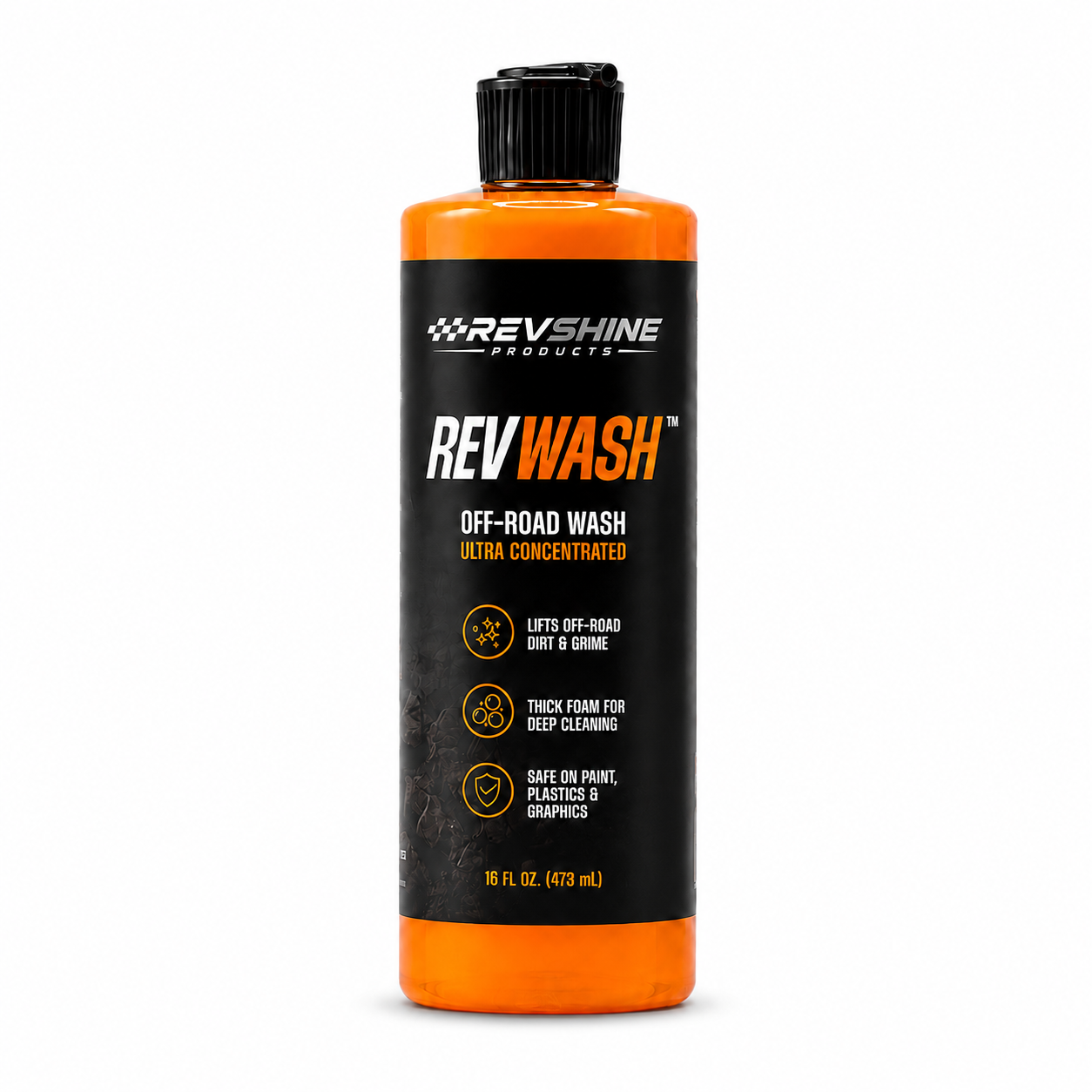 RevWash™ Off-Road Wash by RevShine Products shown in a spray bottle with off-road vehicle cleaning application