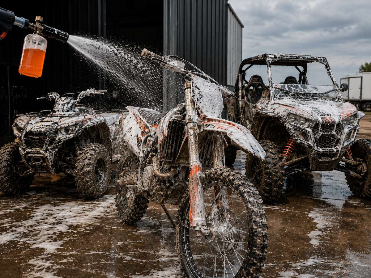 A dirt bike covered in soap foam is being washed with a hose in an outdoor workshop or garage, with two ATVs in the background. A foam cannon container filled with orange liquid is visible on the left.