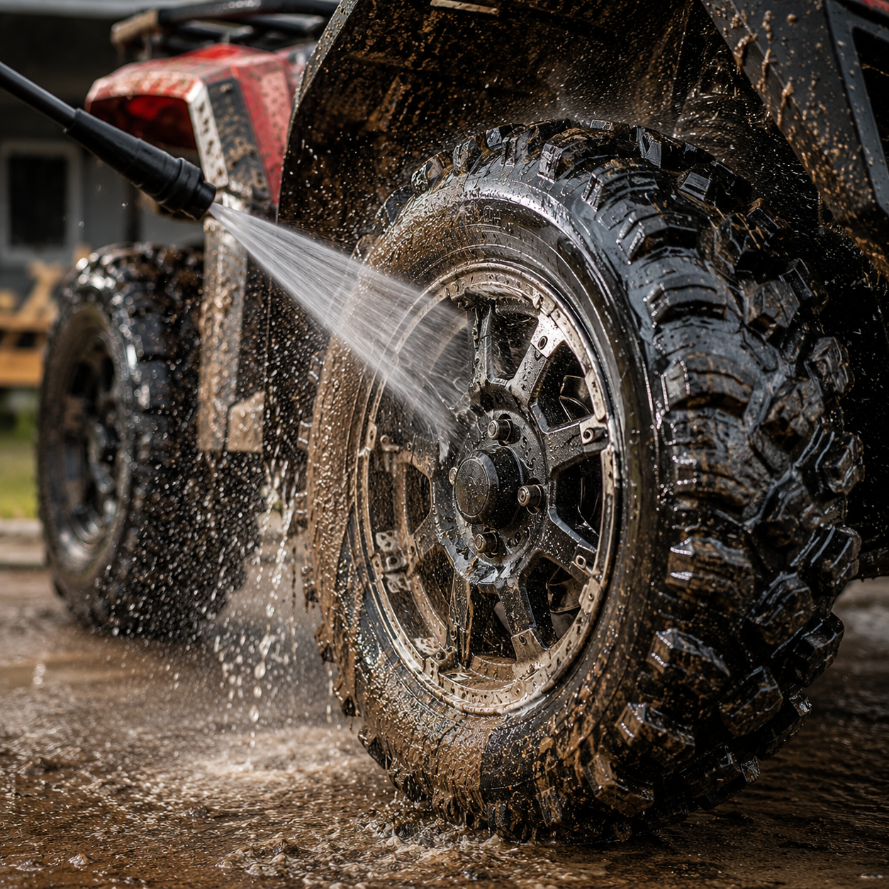 A close-up action shot of a high-pressure water hose spraying muddy off-road tires and splashing water on an all-terrain vehicle outdoors.