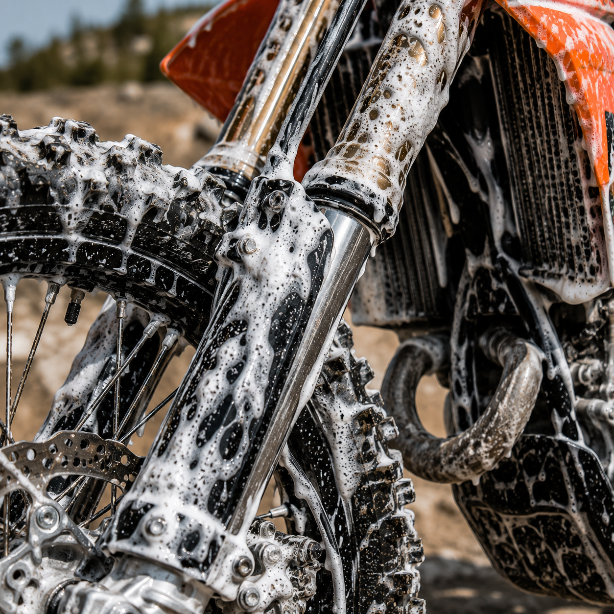A close-up of a dirt bike's front fork and wheel covered in white soap foam, with part of an orange body panel visible in the background.
