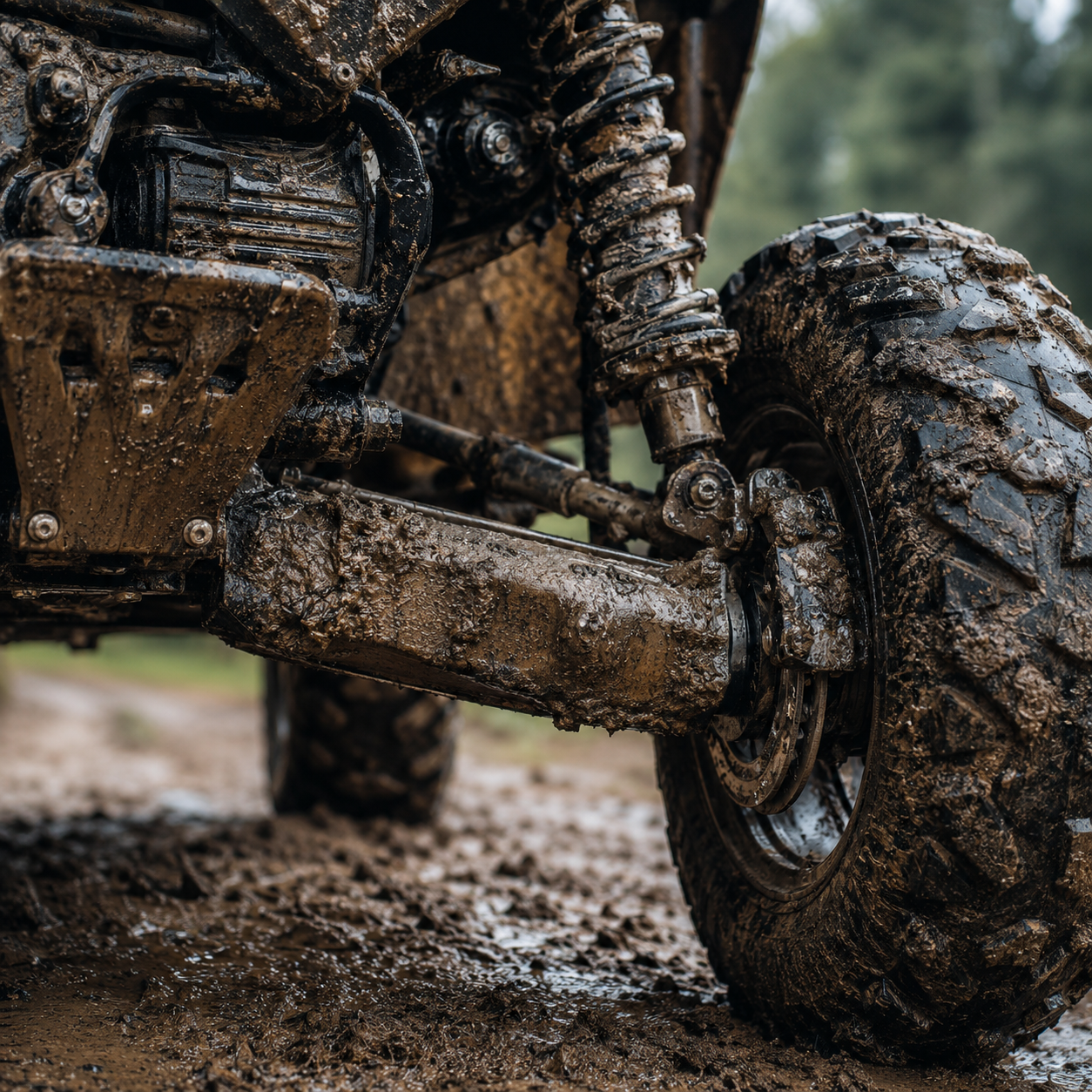 Close-up of a muddy off-road vehicle wheel and suspension system on a muddy trail, with trees blurred in the background.