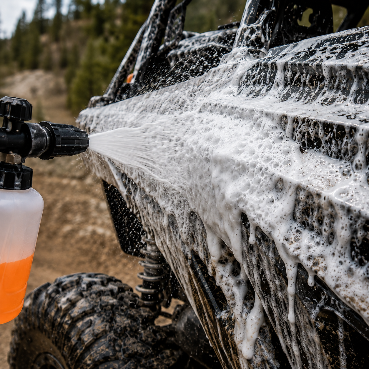 A close-up action shot of a foam cannon sprayer spraying white soap lather onto the side of a black off-road vehicle, with a muddy outdoor forest background.
