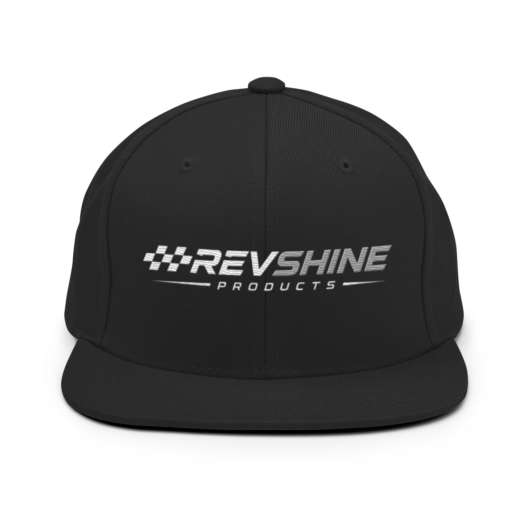 Black RevShine Logo Snapback Hat with front view, adjustable brim, and classic style, made by RevShine Products.