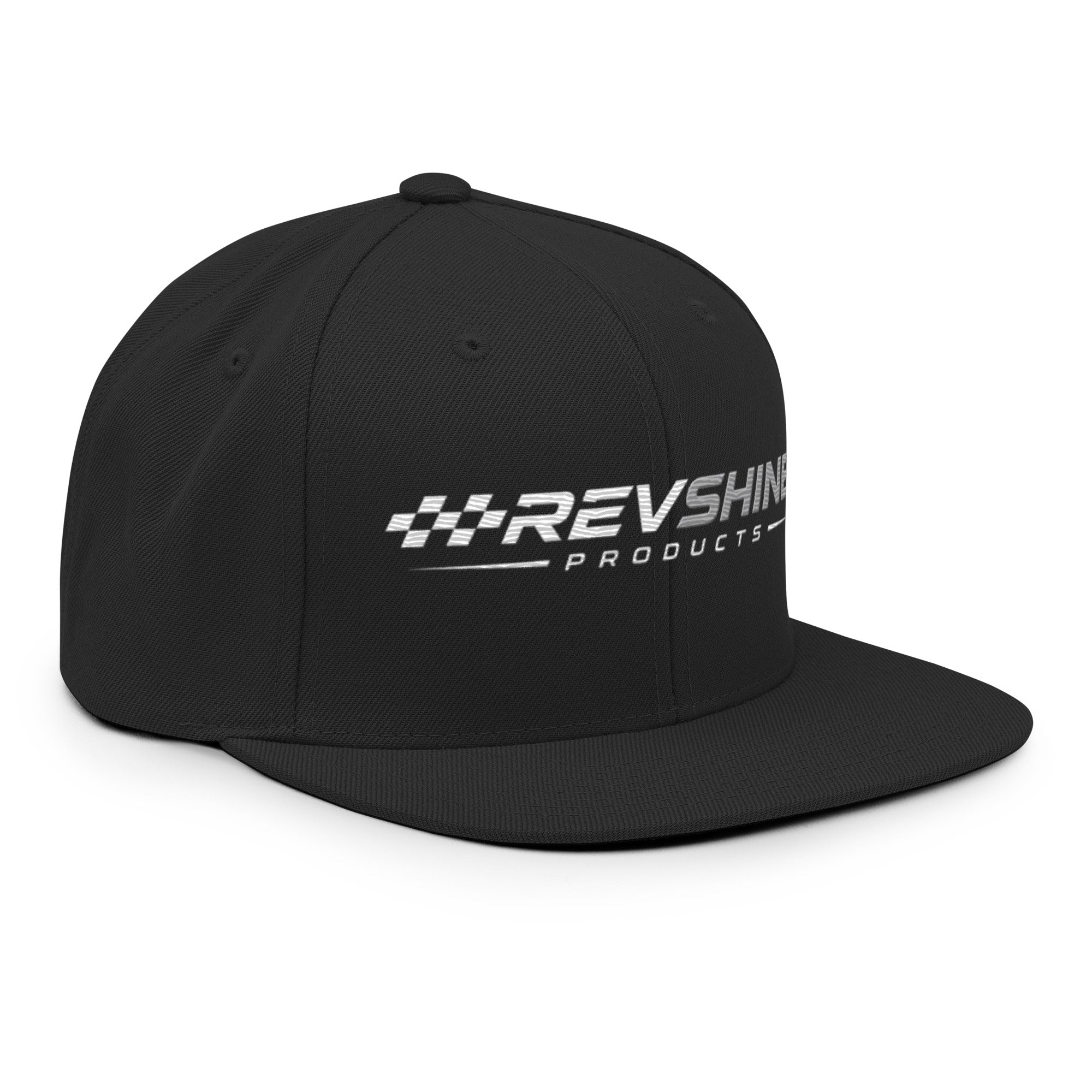 Black RevShine logo snapback hat seen from the right front, showcasing its classic design and adjustable strap.