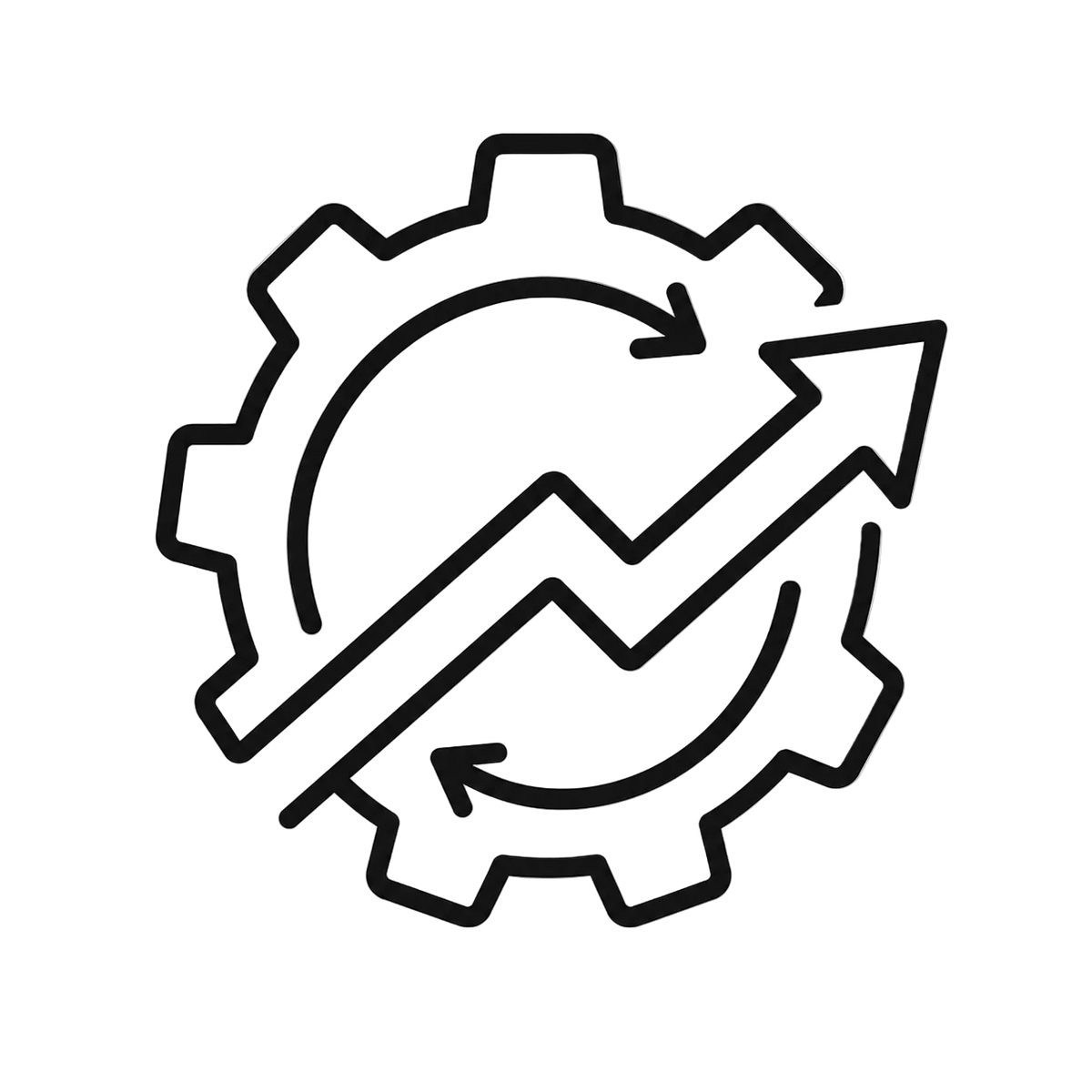 A black line icon depicting a gear with a rising arrow and circular arrows, commonly used to represent business, growth, or optimization.